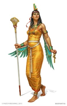 an egyptian woman dressed in gold holding two spears