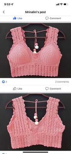 two pictures of pink bras hanging on a clothes hanger, one with white beads and