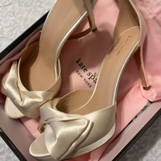 Brand New And Never Worn! Still Have Original Box And Dust Bag. Purchased As My Wedding Shoes But Ultimately Didn’t Work With My Dress But I Love Them! Satin 4” Heel Size 11 Retail $198 Vintage Cream Weddkng Shoes, Pretty Wedding Shoes High Heels, Cream Sandals Heels, Shop Heels, Wedding Heels Vintage, Girly Asethic, Silk Shoes, Designer White Heels, Heels Fashion