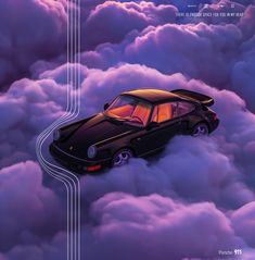 a car is flying through the clouds with its hood up