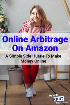 a woman sitting at a desk on her phone with the words online abitage on amazon