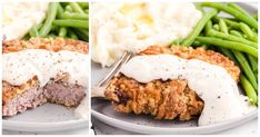 two plates with meat patties, mashed potatoes and green beans