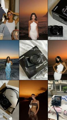 a collage of photos with different women and cameras in them, including one woman wearing a white dress