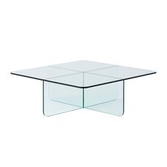 a square glass table with four squares on it's top and bottom, against a white background