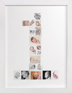 a white frame with multiple photos of babies in the shape of a number one on it