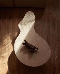 a bird's eye view of a coffee table on a wooden floor with a couch in the background