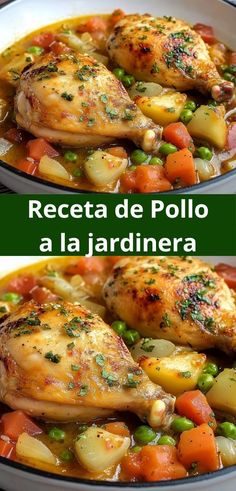 two pictures of chicken, carrots and potatoes in a white bowl with the words receta de pollo al la jardinera