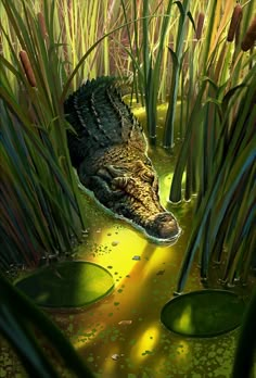 an animal that is laying down in the water near some grass and plants with its head sticking out of the water