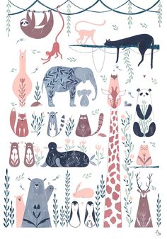 an illustrated poster with animals and plants on it's sides, including giraffes