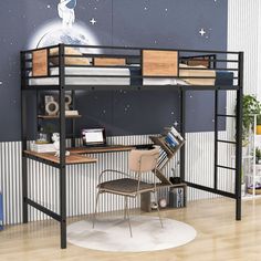 there is a bunk bed with a desk underneath it