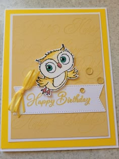 an owl birthday card with a yellow ribbon