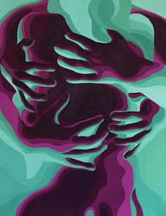 an abstract painting with purple and green colors