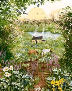 a painting of horses grazing in a field next to a house and pond with flowers