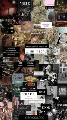 a collage of images with words and pictures on them that say i am rich