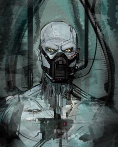 a digital painting of a man with yellow eyes and a gas mask on his face