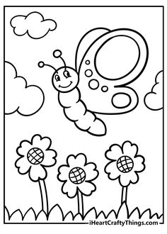 the letter g is for caterpillar coloring page with flowers and clouds in the background