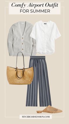 Comfy Airport Outfits to Elevate Your Summer Travel Wardrobe - MY CHIC OBSESSION At Leisure Outfits, Airport Summer Outfit, Comfy Airport Outfit Summer, Striped Linen Pants Outfit, Outfit Traveling, Outfits With Grey Cardigan, Travel Capsule Wardrobe Summer, Stripe Pants Outfit, Belly Clothes