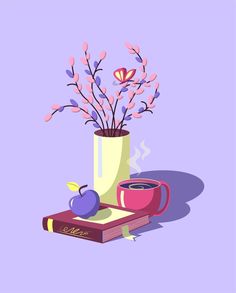 a book, coffee cup and flowers in a vase on a purple background with the word love written below it