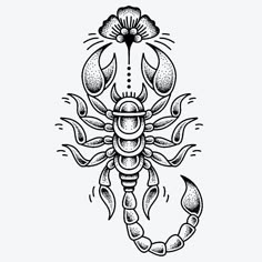 a black and white drawing of a scorpion with flowers on it's back legs