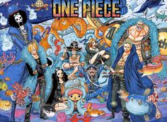 an image of one piece painted on the side of a wall with other characters in it