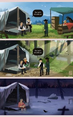 an animated comic strip with two people in the background and one person standing near a tent