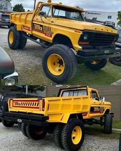 the yellow truck is parked on the side of the road in front of other vehicles