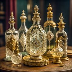 an assortment of decorative glass bottles sitting on top of a wooden table next to each other