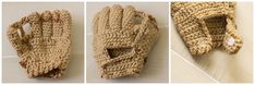 three pictures of gloves made out of knitted material, one in beige and the other in brown