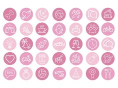 pink and white circles with different types of icons on them, all drawn in one single line