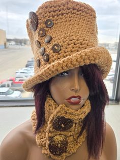 Baby it's cold outside. Keep it looking warm with this colorful top hat and neckwarmer. If you don't want to carry a long scarf, but you need to keep your neck protected and warm, this is for you. This sassy set gets the job done.   Color:  Beige This hat will have buttons This top hat and neckwarmer  are crocheted with in an acrylic blend, very soft and nice to the skin.  This hat is very versatile and can be worn multiple ways.  Express yourself. If you are interested in any particular color or material, just let me know.  One size fits most.  Custom orders available. This sale is for the hat and Scarf set only.   If you are interested in another color, please convo me.    Please contact me with any questions you may have about this item.    All items are made in a smoke-free and pet-fri Crochet Flower Scarf Pattern, Crochet Nook, Hat With Scarf, Crochet With Me, Knot Blanket, Crochet Bucket Hats, Yarn Projects Crochet, Crochet Flower Scarf, Crochet Adult Hat