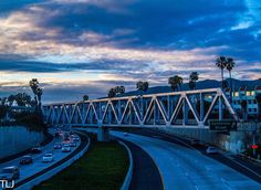 a highway with cars driving on it and palm trees in the background