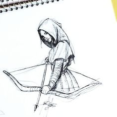 a drawing of a person with a bow and arrow in their hand, sitting on top of a notebook