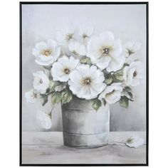 an oil painting of white flowers in a silver bucket on a table with grey background