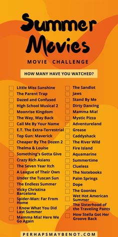 the summer movies movie challenge is shown in this graphic style, with an orange background