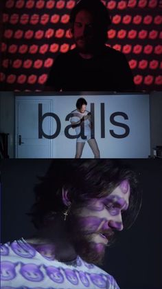 two different images with the words balls on them and a man standing in front of a sign