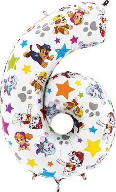 an inflatable balloon shaped like the number eight with paw patrol characters on it