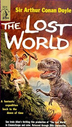 the lost world book cover with an image of a dinosaur and two men on it