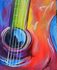 a painting of an acoustic guitar with colorful colors on it's body and neck