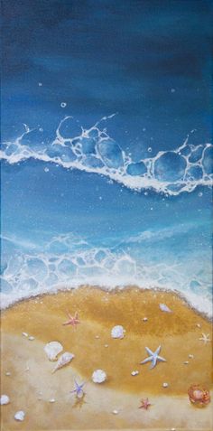 a painting of shells and starfish on the beach