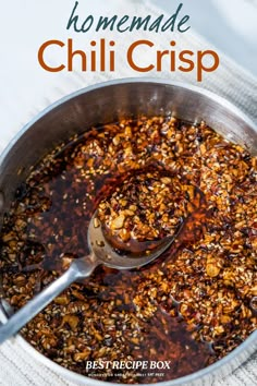 homemade chili crisp recipe in a pot with spoon