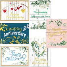 four different greeting cards with happy anniversary written on them