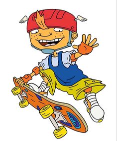 a cartoon boy riding a skateboard with one hand in the air while wearing a helmet