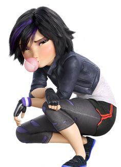 a woman with black hair blowing a bubble while sitting on top of a skateboard