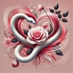 a painting of a snake and rose in the shape of a heart on a pink background