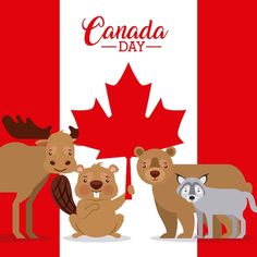 the canadian flag with three bears and a bear cub holding an umbrella in front of it