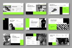 the green and black presentation slider template is displayed in several different positions, including one with