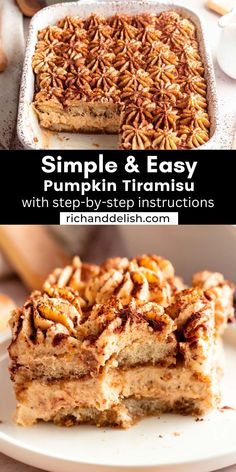 pumpkin trirami cake with step by step instructions on the side and in front