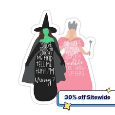 a sticker with an image of two women dressed as witches