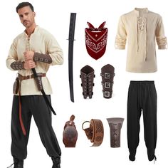 PRICES MAY VARY. 8PCS Renaissance Costume Set: Includes 1 Renaissance Medieval Shirt, 1 Vintage Gothic Trousers, 1 Medieval Knight Belt and 1 Pair of Leather Buckle Wristguards as well as 1 Retractable Plastic Toy, 1 Scabbard, 1 Waist Bag and 1 Square Scarf, with rich accessories, perfect for men's medieval Renaissance outfit Retro Design: Retro textured shirt with adjustable sleeves, Viking pants with adjustable laces at the ankles, special retro patterns on medieval leather accessories, each d Viking Pants, Rich Accessories, Medieval Pirate, Gothic Trousers, Medieval Shirt, Pirate Shirt, Outfit Retro, Textured Shirt, Pirate Shirts