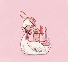 a pink background with a white duck and lipstick in it's beak, on top of a pile of cosmetics